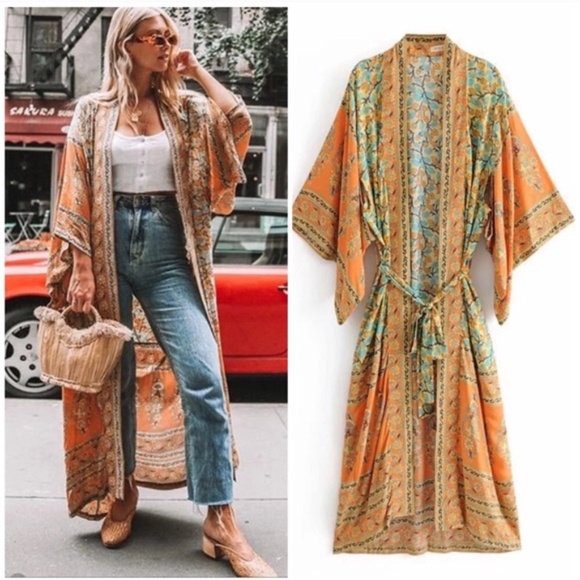 Boho Mustard floral Print Kimono Belted Cover up Duster - Picture 6 of 16